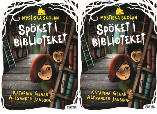 Två barn kikar fram bakom en bokhylla. Ovanför barnen står texten Spöket i biblioteket.