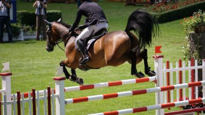 En man sitter på en häst som hoppar över ett randigt hinder.