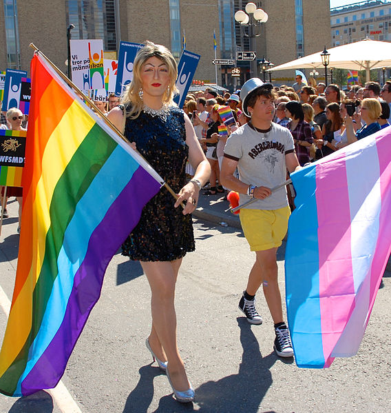Två personer går med varsin flagga. Den ena flaggan har regnbågens färger. Den andra är transflaggan som är blå rosa och vit.