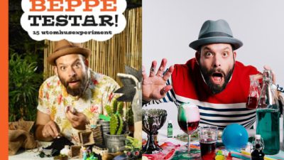 Bilden består av två bilder. En är en bild på bokens omslag. Där står Beppe bakom en bänk och gräver. Runt honom står massa växter och krukor. På den andra bilden står Beppe också framför ett bord. Men nu är bordet fyllt med experiment och översvämmade glas. Beppe själv tittar in i kameran och gapar stor. Hon har skägg och en hatt på sig.