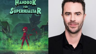 En bild på omslaget och en bild på författaren. Omslaget visar en person i åtsittande kläder och mask som står på en gata mellan massa hus. Ovanför på himlen syns en skugga av något som liknar ett monster. Bilden på författaren visar en man i kavaj och skjorta. Han har kort hår och lite skägg.