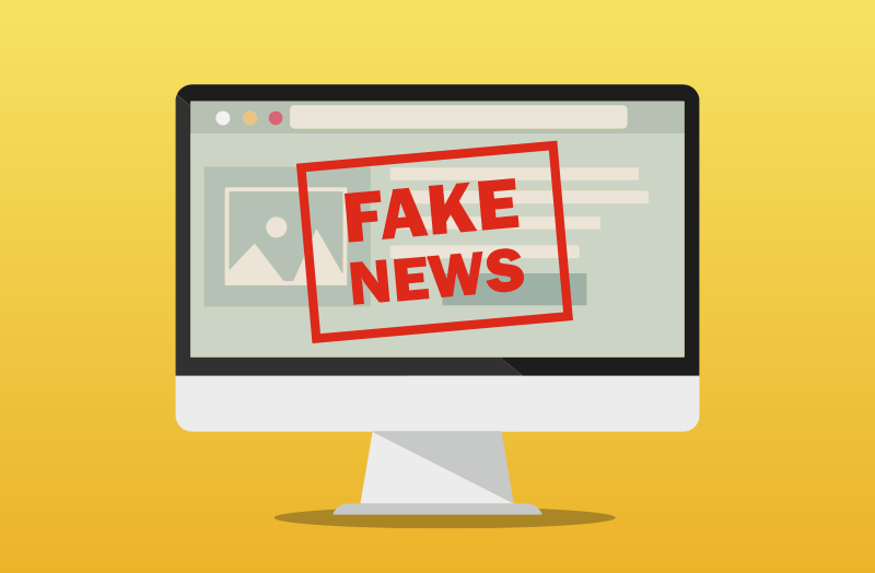 Illustration av en datorskärm. På skärmen syns texten "Fake News" med röda bokstäver.