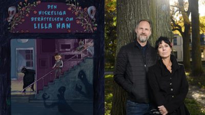 En bild på boken och en på författarna. Boken framsida föreställer Han som smyger sig ner för en trappa. Runt trappan kryper det skuggor på väggarna. Författarna står lutade mot ett träd i motljus. Per har skägg och står med händerna i fickorna. Lena har skjorta och ser allvarlig ut.