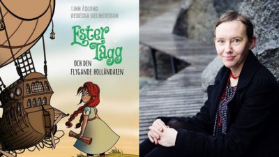 En bild av framsidan av boken och en av författaren. Framsidan föreställer Ester som står på en kulle. Hennes fläta och klänning blåser i vinden. Bakom henne syns ett stort skepp som svävar tak vare att den är fäst i en stor ballong. Författaren sitter utomhus med en väg som slingrar sig bort bakom henne. Hon har händerna runt ena knät. Hon har uppsatt hår och tittar rakt in i kameran.