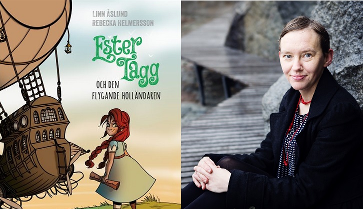 En bild av framsidan av boken och en av författaren. Framsidan föreställer Ester som står på en kulle. Hennes fläta och klänning blåser i vinden. Bakom henne syns ett stort skepp som svävar tak vare att den är fäst i en stor ballong. Författaren sitter utomhus med en väg som slingrar sig bort bakom henne. Hon har händerna runt ena knät. Hon har uppsatt hår och tittar rakt in i kameran.