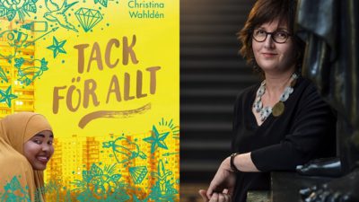 En bild på bokens omslag och en på författaren. På omslaget syns flera höghus i bakgrunden. Framför dem på boken är det klottrat massa stjärnor, hjärtan och krumelurer. Längst ner i hörnet ler en flicka. Hon har sjal och ser lurig ut. Författaren står bredvid en staty. Hon kanske är ungefär 40 år, har glasögon och hår som går ner till axlarna.