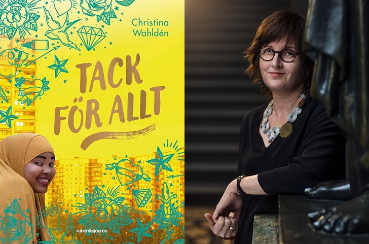 En bild på bokens omslag och en på författaren. På omslaget syns flera höghus i bakgrunden. Framför dem på boken är det klottrat massa stjärnor, hjärtan och krumelurer. Längst ner i hörnet ler en flicka. Hon har sjal och ser lurig ut. Författaren står bredvid en staty. Hon kanske är ungefär 40 år, har glasögon och hår som går ner till axlarna.