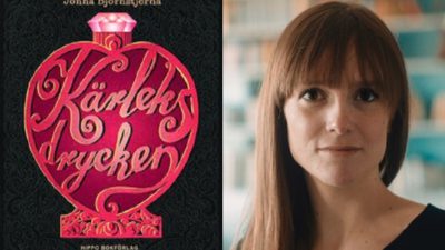 En bild på boken och en bild på författaren. På boken är det en plaska med rosor på och en diamant som lock. Inuti flaskan står det "kärleksdrycken" med snirkliga bokstäver. Författaren ser ganska ung ut, kanske 30 är. Hon har långt hår och en rak lugg.