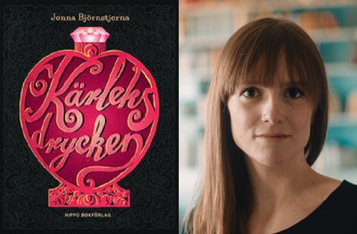 En bild på boken och en bild på författaren. På boken är det en plaska med rosor på och en diamant som lock. Inuti flaskan står det "kärleksdrycken" med snirkliga bokstäver. Författaren ser ganska ung ut, kanske 30 är. Hon har långt hår och en rak lugg.