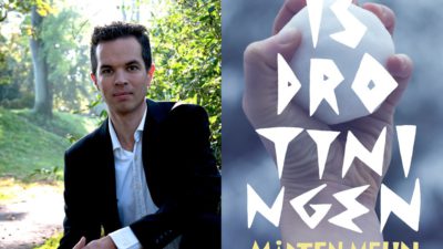 Mårten Melin bredvid omslaget av isdrottningen som är en hand med en snöboll i.