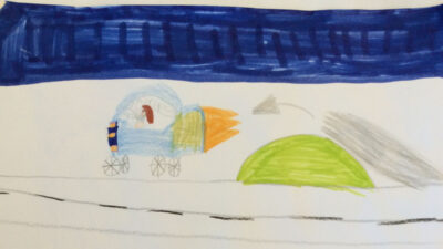 Teckning av en eldsprutande och flygande bil.